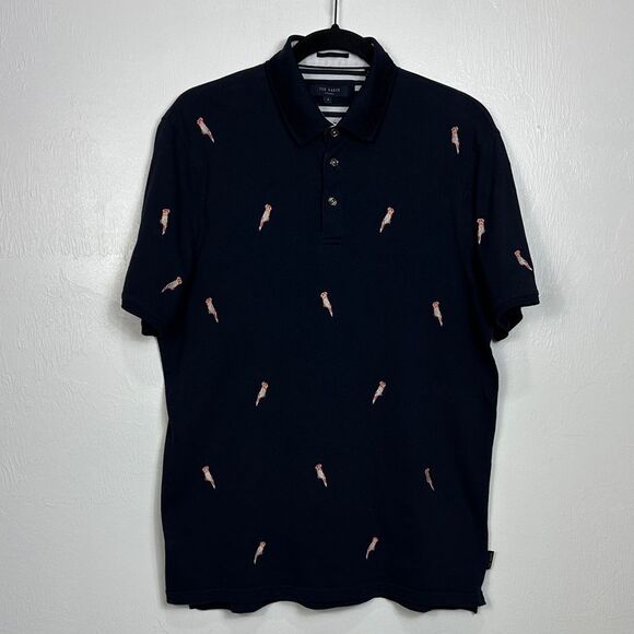 Ted Baker Parrot Embroidery Short Sleeve Polo Shirt In Navy Blue Size L - Picture 2 of 7